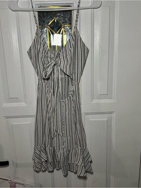 Skylar + Madison Gray and White Vertical Stripe Tie-Front Mini Dress